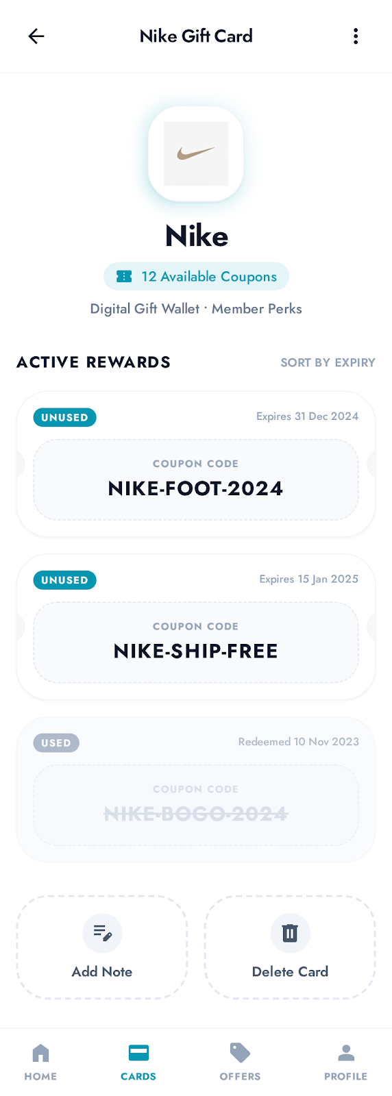 Rewaly app showing loyalty card list with balances and expiry dates